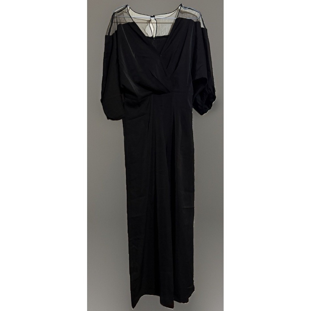 L0286-Cupshe Black Jumpsuit Women's Small Sheer Mesh Shoulder Wide Leg Pockets